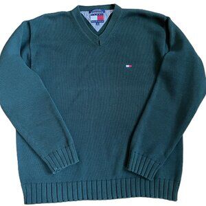 Vintage Tommy Hilfiger V-Neck Sweater Forest Green 100% Cotton Size XL